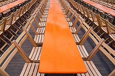 Empty rows of chairs and tables in a beer tent at the Rheinkirmes in Duesseldorf, Germany, Europe