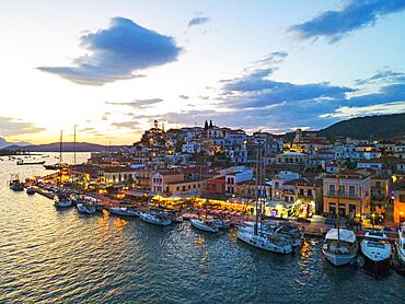 Aerial view, blue hour, Poros, Poros Island, Saronic Islands, Peloponnese, Greece, Europe