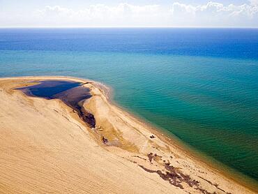 Aerial view, beach at Nea Kallikratia, Nea Propondida, Chalkidiki, Central Macedonia, Giechenland