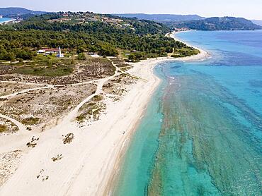 Aerial view with lighthouse, Cape Possidi, Kassandra, Chalkidiki, Greece, Europe