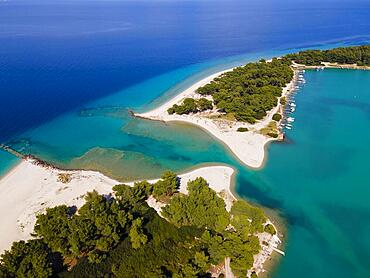 Aerial view, lagoon, beach and harbour, Glarokavos, Pallini, Kassandra Peninsula, Chalkidiki, Greece, Europe