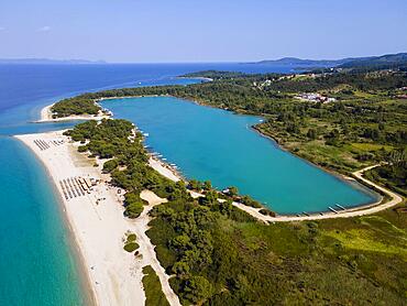 Aerial view, lagoon, beach and harbour, Glarokavos, Pallini, Kassandra Peninsula, Chalkidiki, Greece, Europe