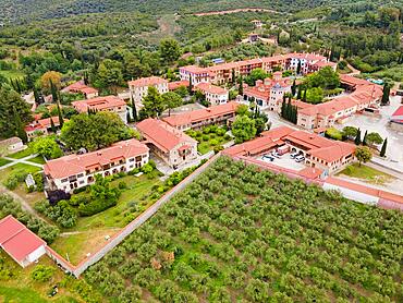 Aerial view, Evangelismos tis Theotokou, Orthodox woman's monastery, Ormylia, Dimotiki Enotita Ormylias, Polygyros, Chalkidiki, Central Macedonia, Greece, Europe