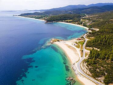 Aerial view, Ema beach umd Toroni beach, Toroni, Torone, Sithonia, Chalkidiki, Central Macedonia, Greece, Europe