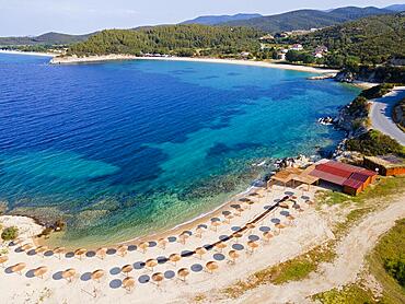 Aerial view, sunshades, Ema beach, Toroni, Torone, Sithonia, Chalkidiki, Central Macedonia, Greece, Europe