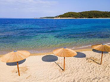 Aerial view, sunshades, Ema beach, Toroni, Torone, Sithonia, Chalkidiki, Central Macedonia, Greece, Europe