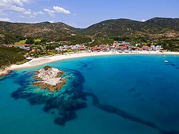 Aerial view, rocks and beach, Kalamitsi, Sithonia, Chalkidiki, Central Macedonia, Greece, Europe