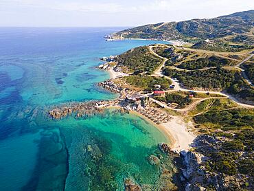 Aerial view, Tigania, Belka and Kriaritsi Beach, Kriaritsi, Sithonia, Chalkidiki, Central Macedonia, Greece, Europe