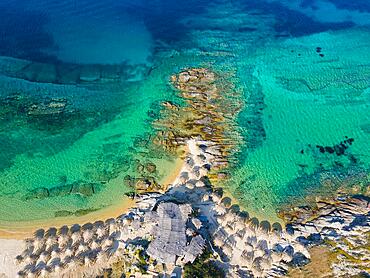 Aerial view, Tigania beach, Kriaritsi, Sithonia, Chalkidiki, Central Macedonia, Greece, Europe