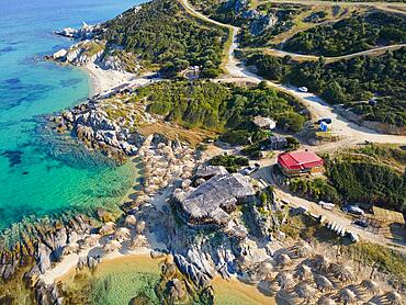 Aerial view, Tigania and Belka Beach, Kriaritsi, Sithonia, Chalkidiki, Central Macedonia, Greece, Europe