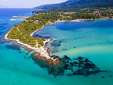 Aerial view, headland, Vourvourou, Sithonia, Chalkidiki, Central Macedonia, Greece, Europe