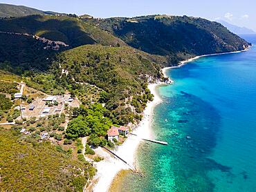 Aerial view, Arsanas Chromnitsas, Mount Athos, Orthodox monastic republic with autonomous status under Greek sovereignty, Athos Peninsula, Halkidiki, Central Macedonia, Greece, Europe