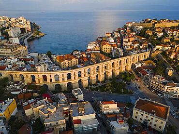 Aerial view, evening light, Roman aqueduct, Old Town, Kavala, Dimos Kavalas, Eastern Macedonia and Thrace, Gulf of Thasos, Gulf of Kavala, Thracian Sea, Greece, Europe