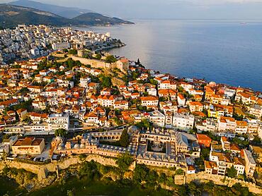 Aerial view, evening light, Old Town, Kavala, Dimos Kavalas, Eastern Macedonia and Thrace, Gulf of Thasos, Gulf of Kavala, Thracian Sea, Greece, Europe