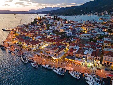 Aerial view, blue hour, Poros, Poros Island, Saronic Islands, Peloponnese, Greece, Europe