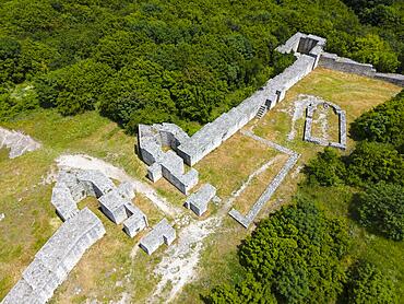 Aerial view, fortress, rock plateau Madara, Madara, Shumen, Shumla, Unesco World Heritage, Bulgaria, Europe