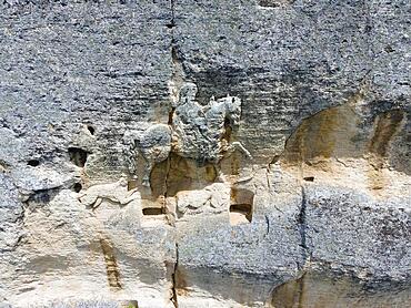 Aerial view, rock relief, Madara horseman, Madara, Shumen, Shumla, Unesco World Heritage, Bulgaria, Europe