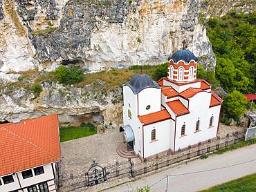 Aerial view, Bulgarian Orthodox cave monastery, rock monastery, Bassarbowski monastery, Basarbowski, Bassarbowo, Basarbowo, Russe, Rhodope Mountains, Bulgaria, Europe