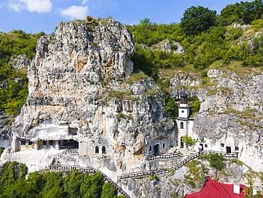 Aerial view, Bulgarian Orthodox cave monastery, rock monastery, Bassarbowski monastery, Basarbowski, Bassarbowo, Basarbowo, Russe, Rhodope Mountains, Bulgaria, Europe