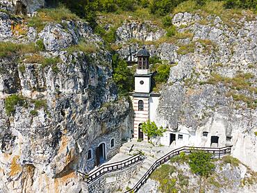 Aerial view, Bulgarian Orthodox cave monastery, rock monastery, Bassarbowski monastery, Basarbowski, Bassarbowo, Basarbowo, Russe, Rhodope Mountains, Bulgaria, Europe