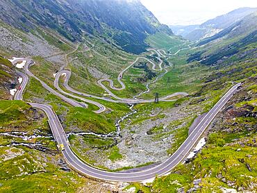 Aerial view, waterfall, Baleal, Balea, mountain road, Transfogarasche high road, Transfagarasan, Transfagarașan, Fagaraș mountains, Fagaras, Transylvania, Transylvania, Ardeal, Transilvania, Carpathians, Bulgaria, Europe