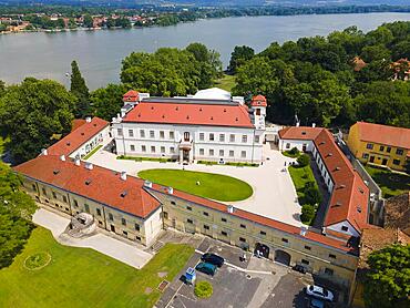 Aerial view, Esterhazy Castle, Tata, Totis, Lake Oereg, Komarom-Esztergom, Central Transdanubia, Hungary, Europe