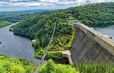 483-metre-long Titan RT suspension rope bridge over the Rappbode dam, near Elbingerode, Harz Mountains, Saxony-Anhalt, Germany, Europe