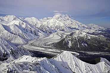 Aerial view of the Alaska Mountain Range with a view of Denali with Muldrow Glacier, Alaska, USA, North America