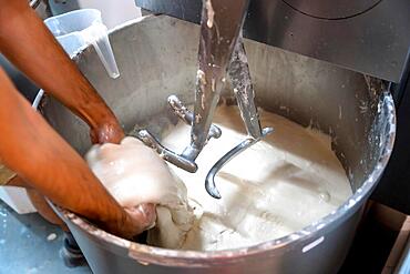 Baker of bakery in the workshop of artisan bakery preparing the sourdough to make the buns