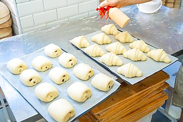 Baker of bakery in the workshop workshop of artisan bakery preparing croissant for baking with a spray bottle