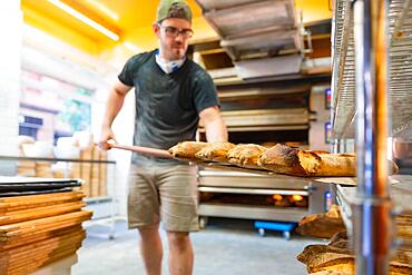 Baker of bakery in the artisan workshop workshop placing the loaves of the oven on the shelves