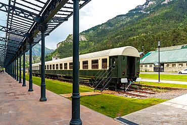 Restored wagons at the old Canfranc train station in the Pyrenees. Spain