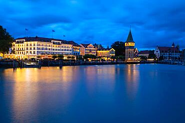 Lindau harbour to the Blue Stundnsee, Hotel Bayrischer Hof, Mangturm, clouds, boats, water, summer, Lindau, Bavaria, Germany, Europe