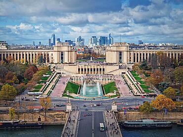 Closeup aerial view of the Trocadero area with La Defense metropolitan district seen at the horizon in Paris, France, Europe