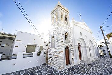 Church of Christ with Star of the Sun, alleys of the village of Marpissa, Paros, Cyclades, Greece, Europe