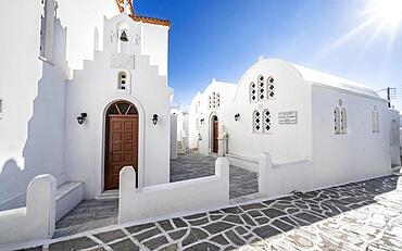 Chapel of Agios Antonios and Greek Orthodox Church of Metamorfosi Sotiros, alleys of the village of Marpissa, Paros, Cyclades, Greece, Europe