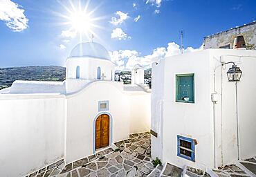 Greek Orthodox Chapel of Agios Spiridon with Star of the Sun, picturesque alleys of the village of Lefkes, Paros, Cyclades, Greece, Europe