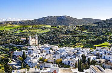 View over the village of Lefkes with white Cycladic houses, town view with church of Agia Triada, Church of the Holy Trinity of Lefko, Lefkes, Cyclades, Greece, Europe