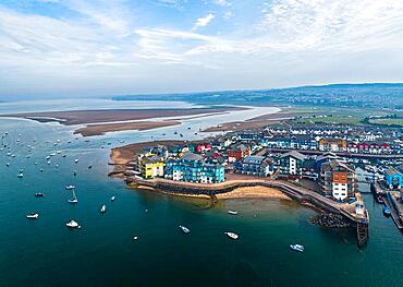 Exmouth and River Exe from a drone, Dawlish Warren, Devon, England, United Kingdom, Europe