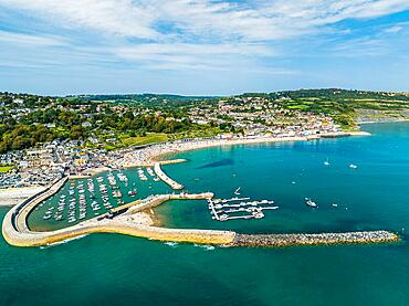 Marina and Beach in Lyme Regis from a drone, Jurassic Coast, Dorset, England, United Kingdom, Europe