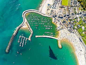 Top Down over Marine and Beach from a drone, Lyme Regis, Jurassic Coast, Dorset, England, United Kingdom, Europe