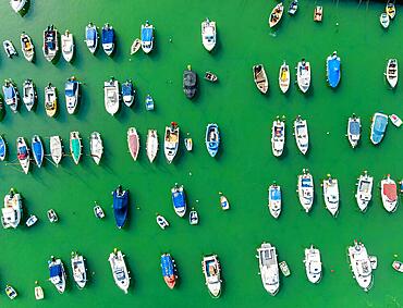 Top Down over Boats in Marine from a drone, Lyme Regis, Jurassic Coast, Dorset, England, United Kingdom, Europe