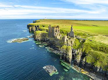 Aerial view of Girnigoe and Sinclair Castle ruins, rock castle on the North Sea coast, Wick, County Caithness, Scotland, United Kingdom, Europe