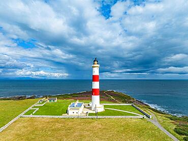 Aerial view of Tarbat Ness Lighthouse on the Moray Firth, Scotland, United Kingdom, Europe