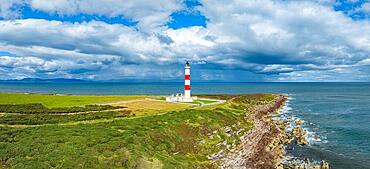 Aerial panorama of Tarbat Ness Lighthouse on the Moray Firth, Scotland, United Kingdom, Europe