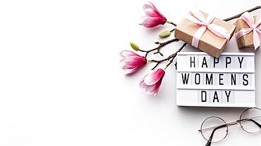 Happy women s day lettering white background with copy space