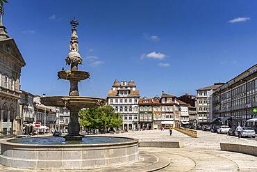 Fountain in the square Largo do Toural, Guimaraes, Portugal, Europe