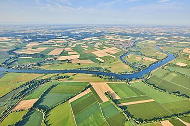 Aerial view over danubia river, the fields and forests near Woerth an der Donau, Regensburg, Bavaria, Germany, Europe