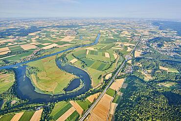 Aerial view over danubia river, the fields and forests near Woerth an der Donau, Regensburg, Bavaria, Germany, Europe