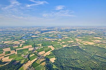 Aerial view over danubia river, the fields and forests near Woerth an der Donau, Regensburg, Bavaria, Germany, Europe